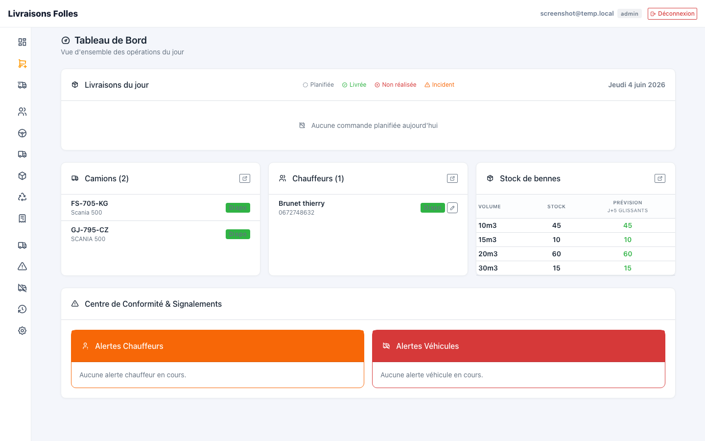 Interface tableau de bord ERP gestion location benne